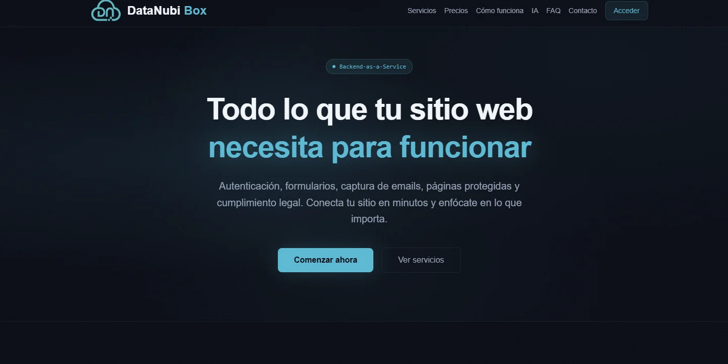 Landing de Box DataNubi, BaaS multi-tenant