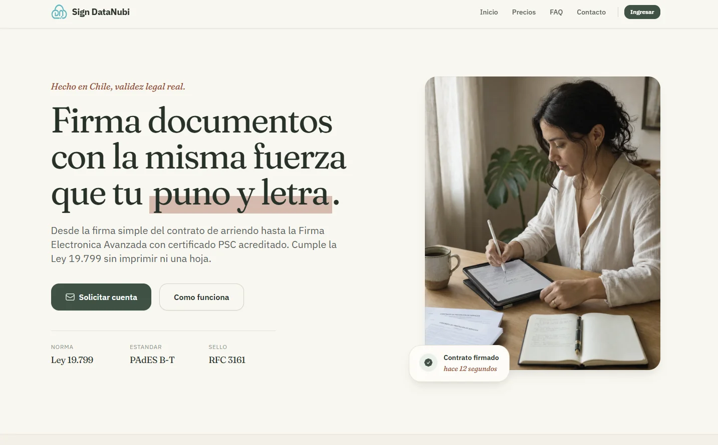 Landing de Sign DataNubi, firma electrónica simple Ley 19.799